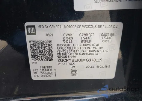 2021 Chevrolet Silverado 1500 4Wd Short Bed Custom z USA, uszkodzony, nr VIN 3GCPYBEK0MG370119